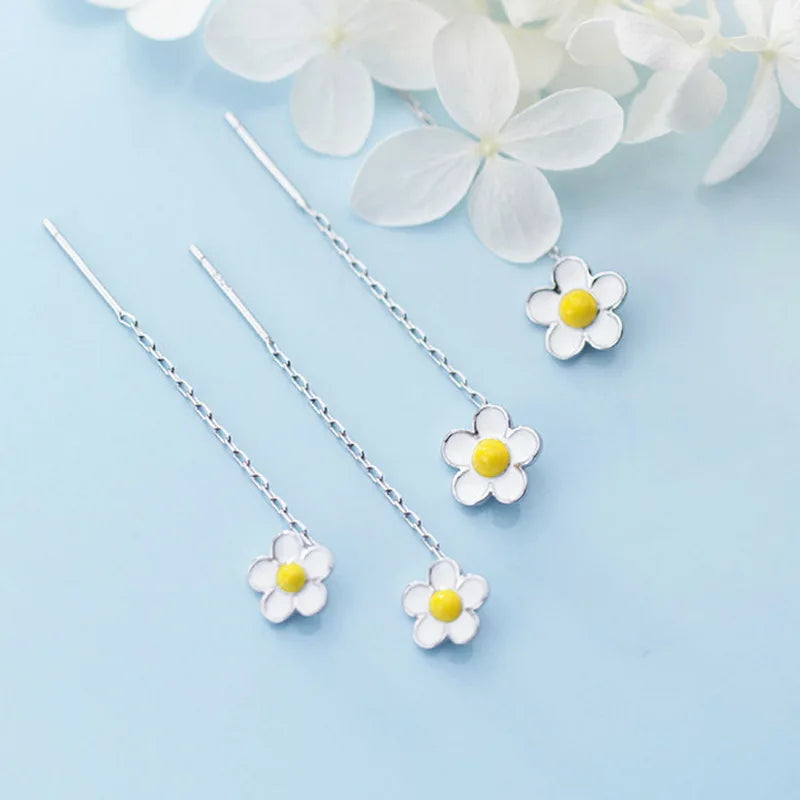 Silver Daisy Flower Long Wire Tassel Earrings with Crystal Zircon for Women