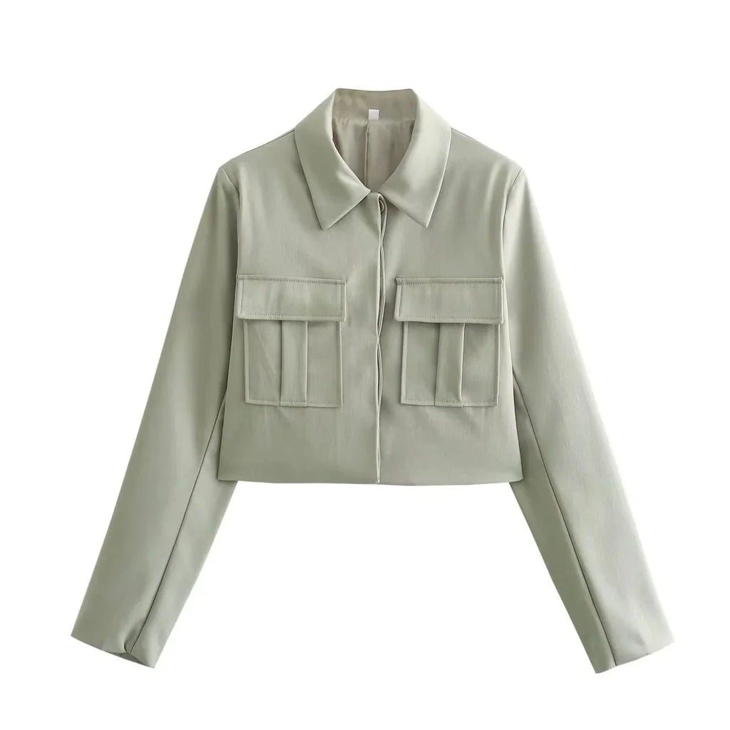 Casual Women Solid Suit Set with Pockets Turn Down Collar Short Jacket and Chic Wide Leg Pants for Spring and Summer Streetwear