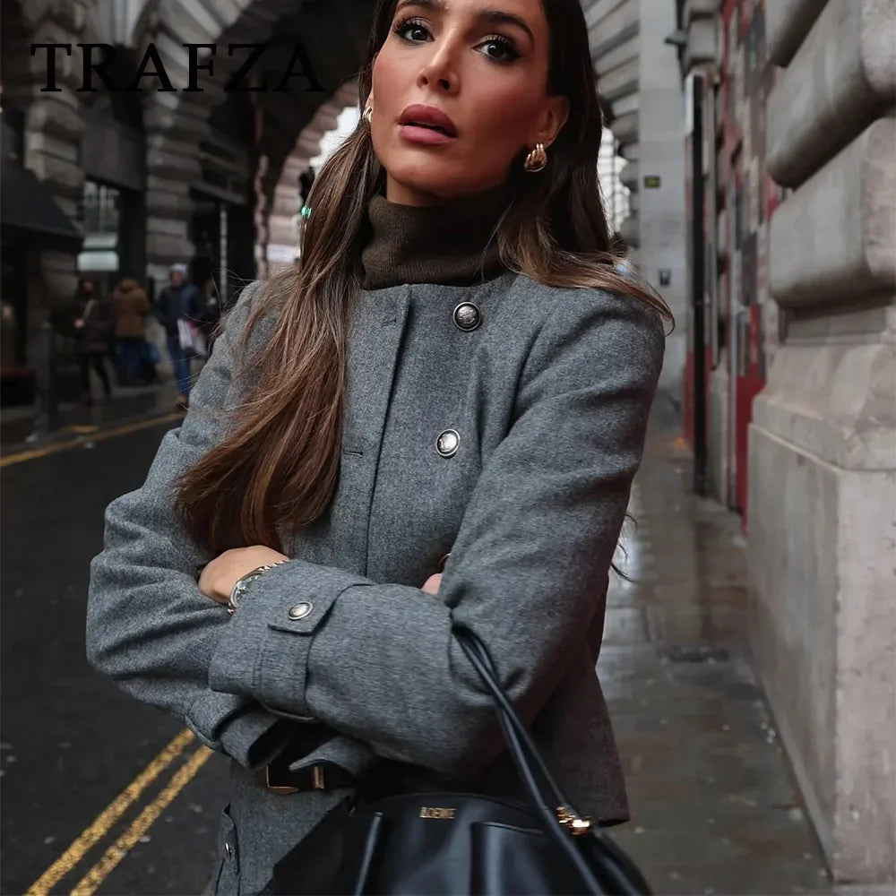 Double Breasted Epaulet O Neck Jacket with Chic Sashes and Pleated Mini Skirt Women's Streetwear Suit