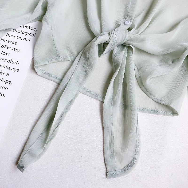 Women Buttoned Up Chiffon Blouse Tied Waist Crop Top Office Lady Shirt Thin and Lightweight