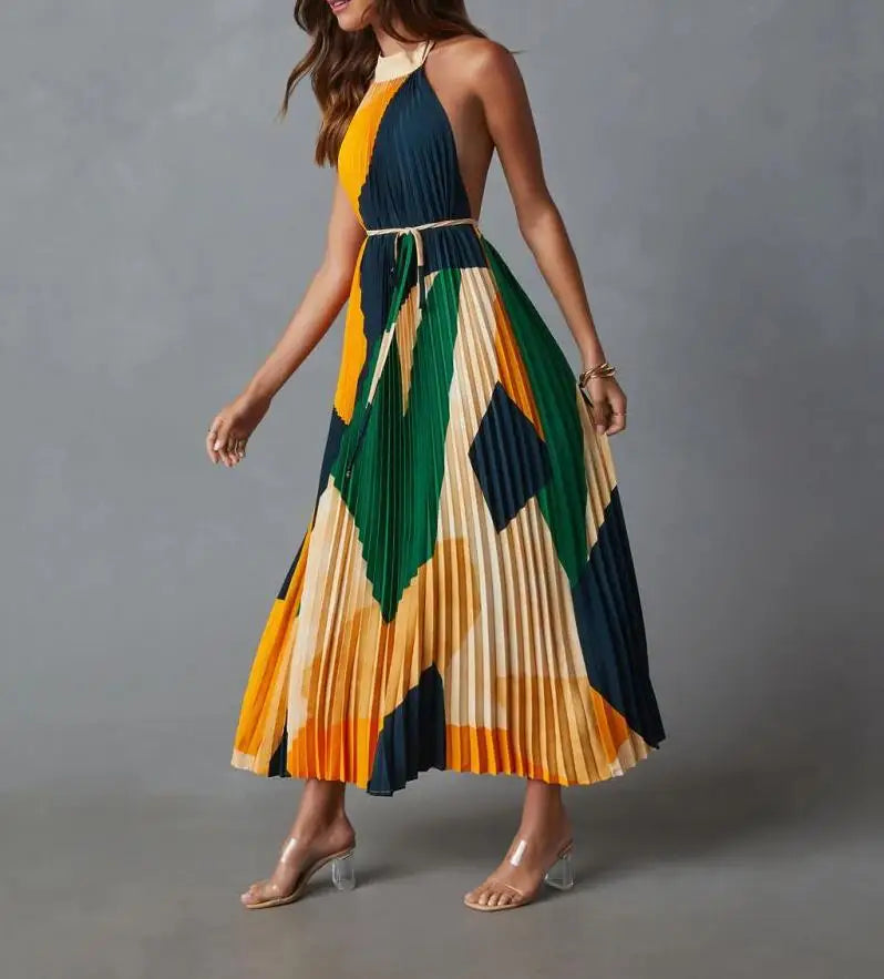 Elegant Backless Pleated Printed Dress For Summer Women