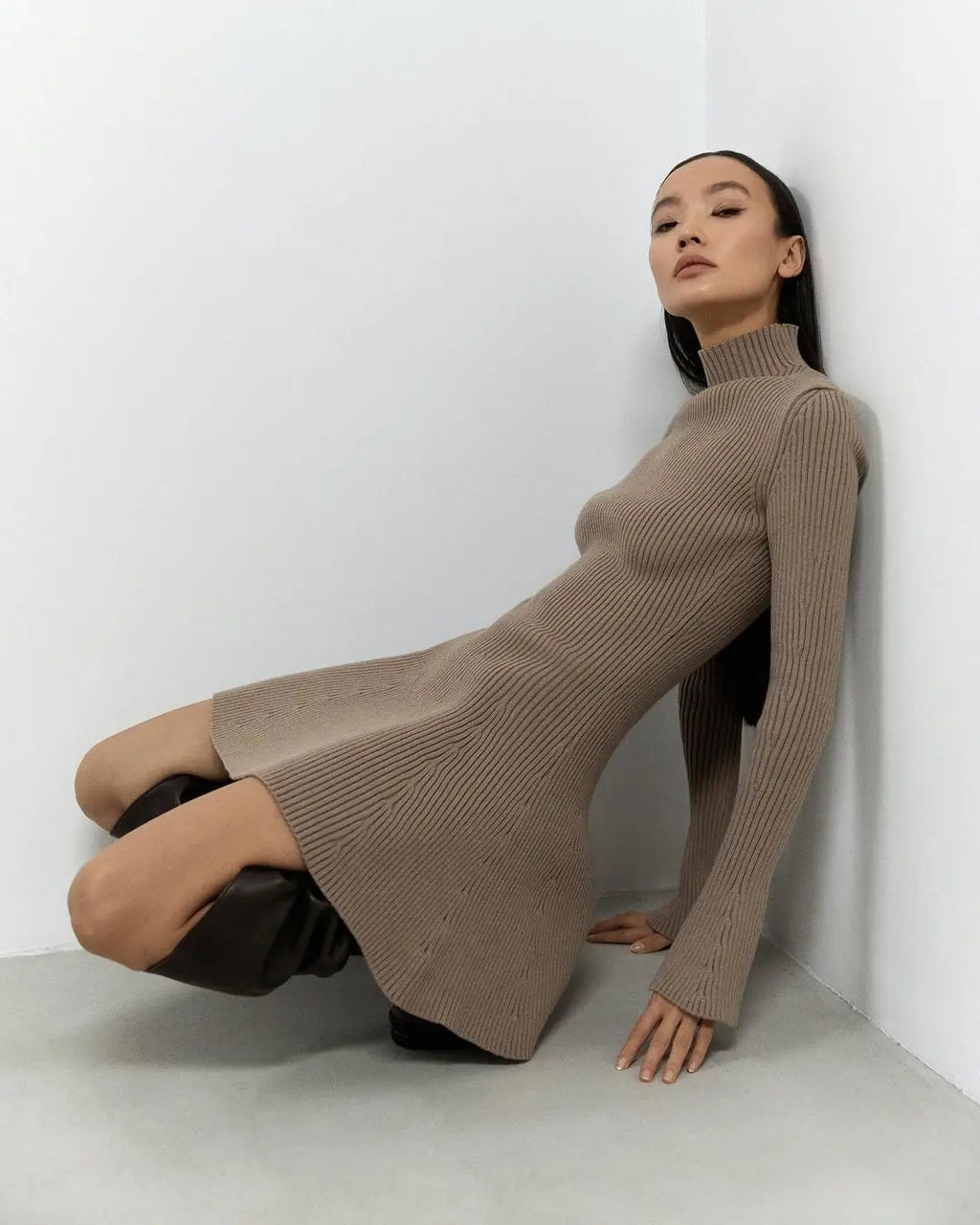 Elegant Women High Neck Knit Dress With Long Sleeve