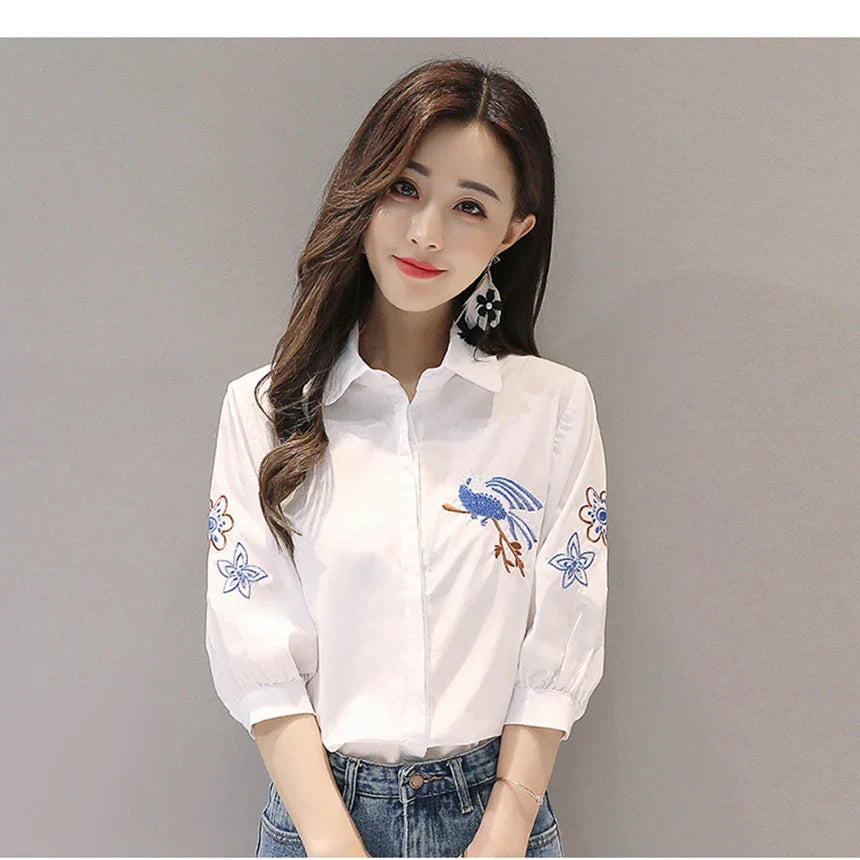 Embroidered Five-Point Sleeve Summer Shirt for Women Lightweight Lapel Casual Top with Elegant Literary Style and Versatile Temperament
