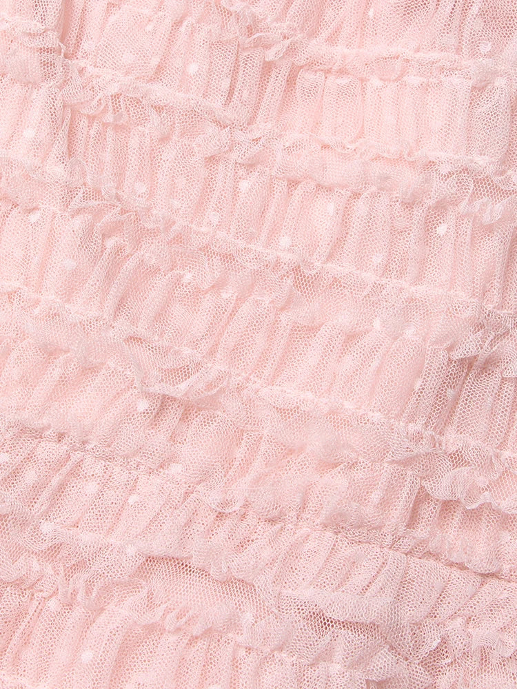 Patchwork Mesh Dress For Women High Waist Ruffled Casual