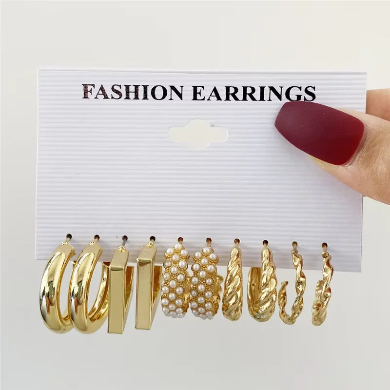 Fashion Geometric Hoop Earrings Set for Women Vintage Bohemian Pearl Gold Color Round Earrings Daily Wear Jewelry Gifts