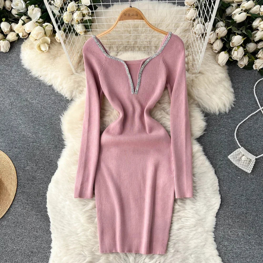 Knit Bodycon Dress For Women Long Sleeve Winter Sweater