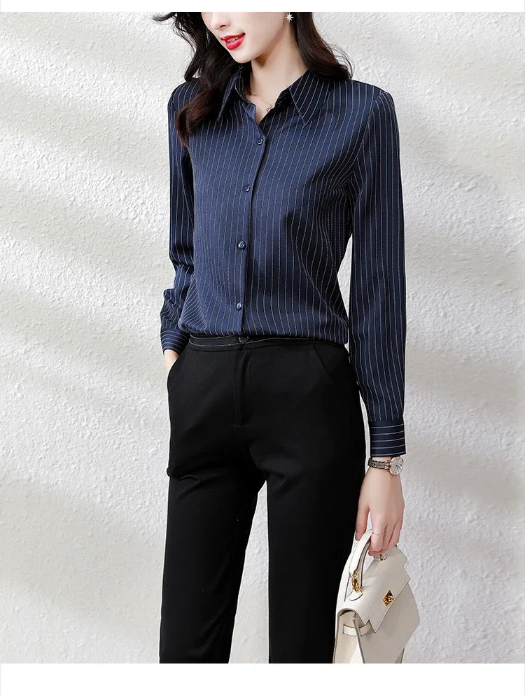 Striped Long Sleeve Women Shirt Button Up Blouse Lightweight Chiffon Tops Elegant Casual Office Wear