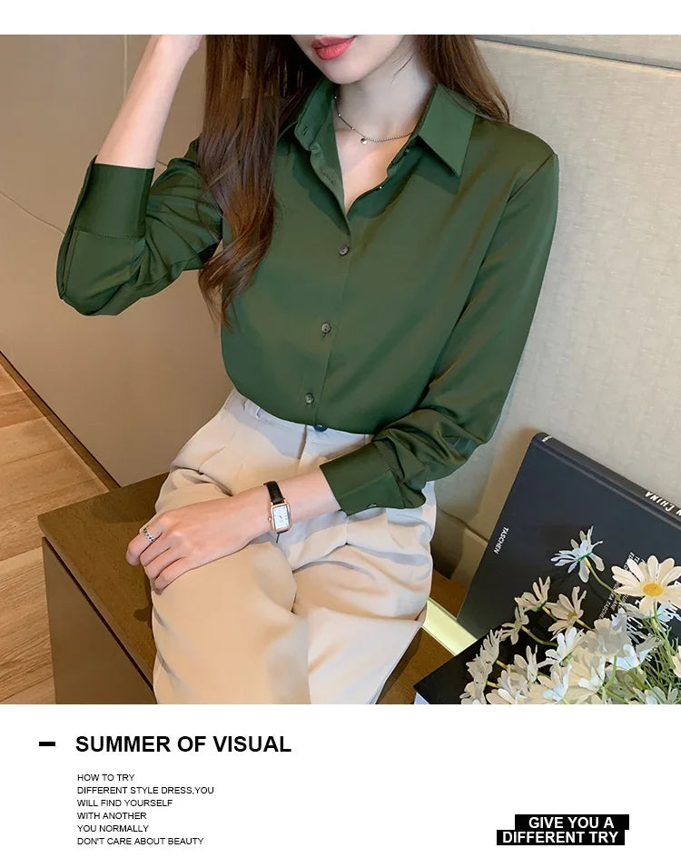 Elegant Satin Long Sleeve Blouse for Women Casual Office Shirt Solid White Basic Top