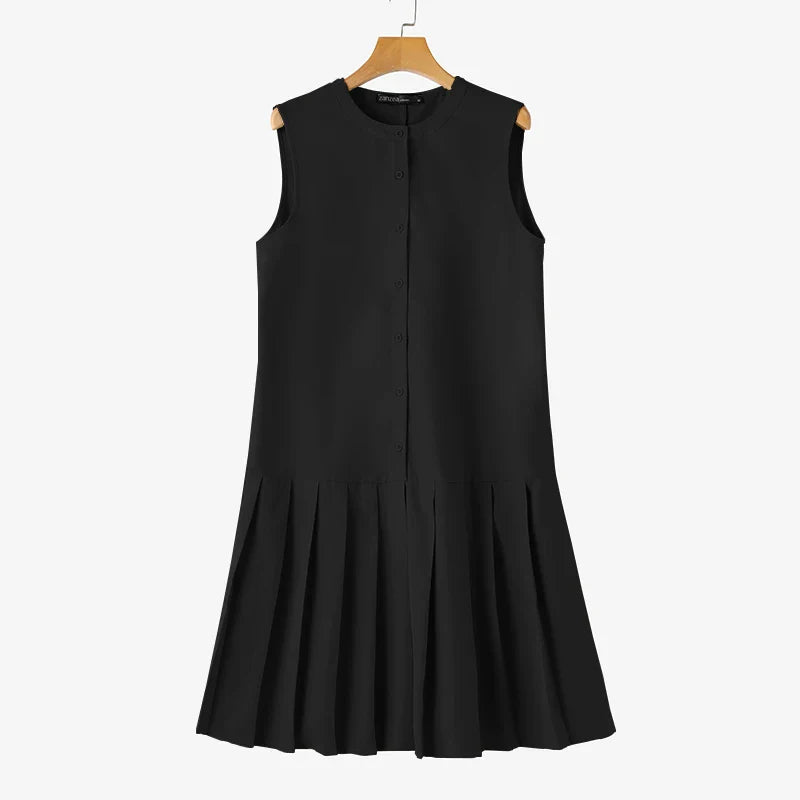 Pleated Button Mini Dress With Tank Sleeveless O Neck