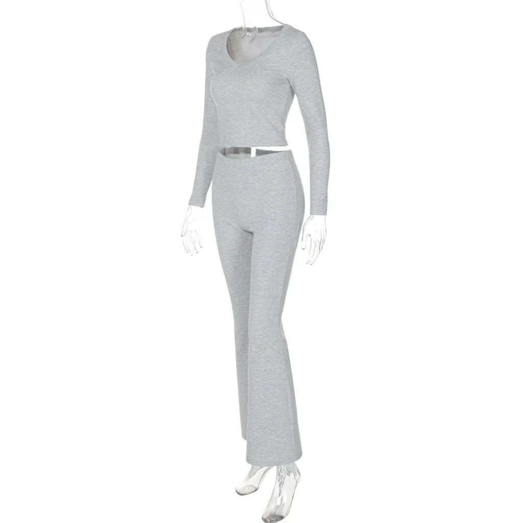 Women's Solid Casual Two Piece Pants Set with O-Neck Long Sleeve Crop Top and Flare Pants for Streetwear in Autumn and Winter