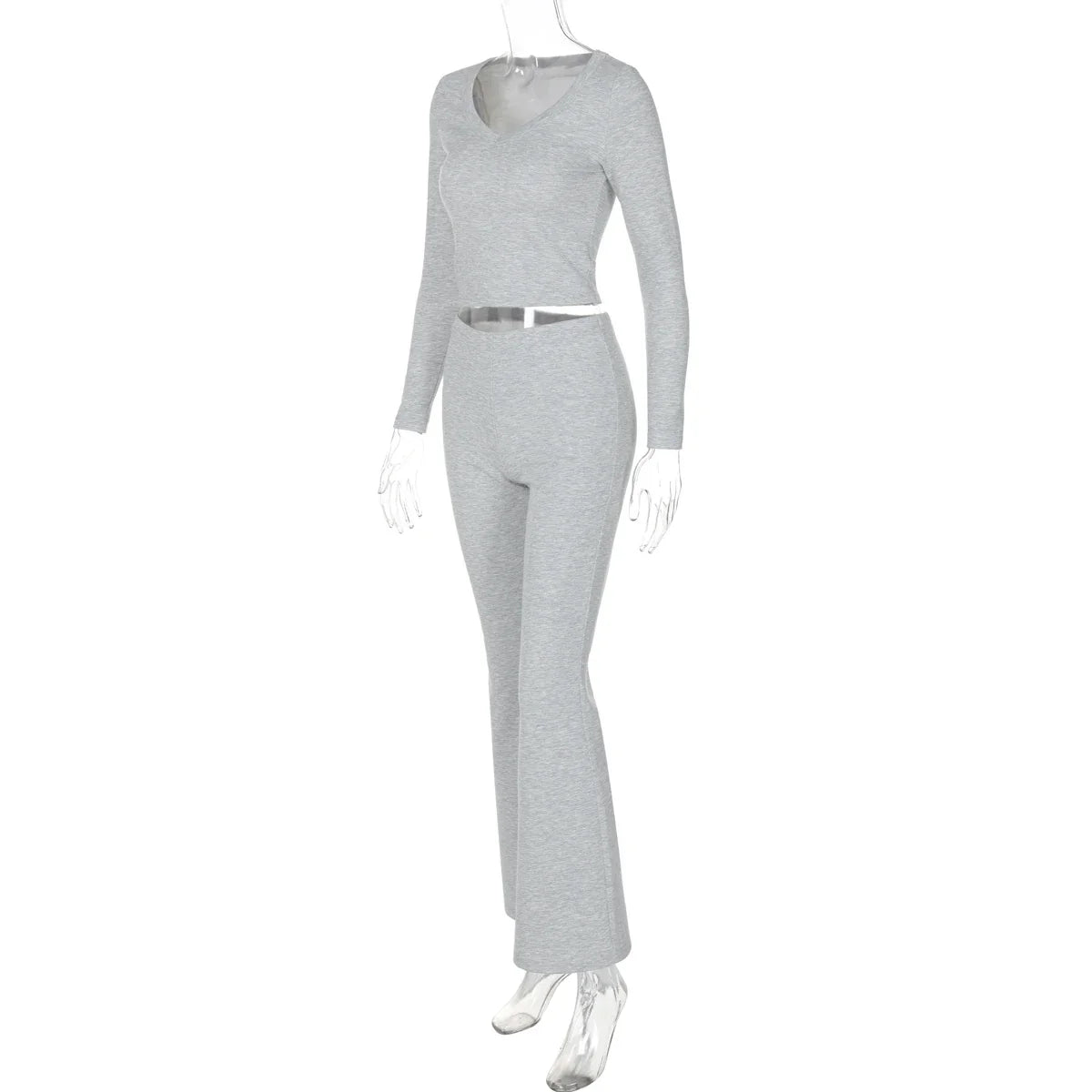 Women's Solid Casual Two Piece Pants Set with O-Neck Long Sleeve Crop Top and Flare Pants for Streetwear in Autumn and Winter