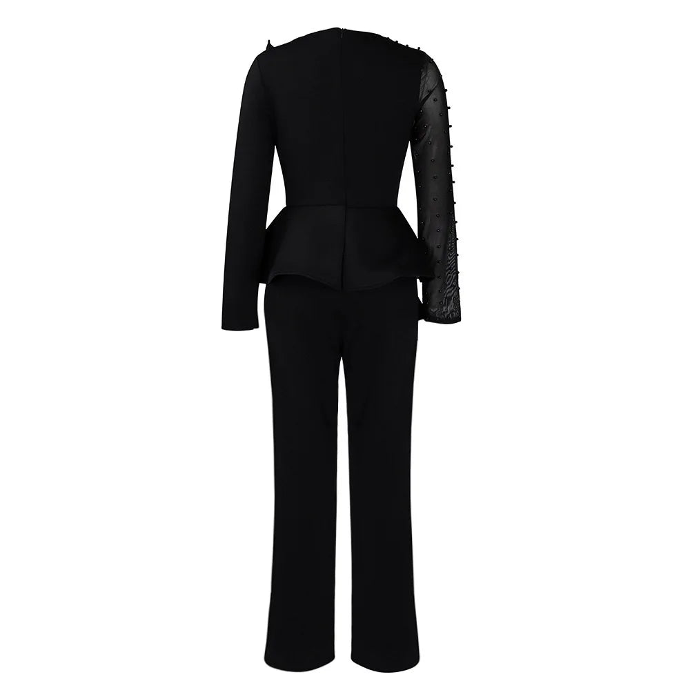 Elegant High Waisted Jumpsuit for Women with Round Neck Beaded Detail and Transparent Sleeves Perfect for Birthday Parties and Special Occasions