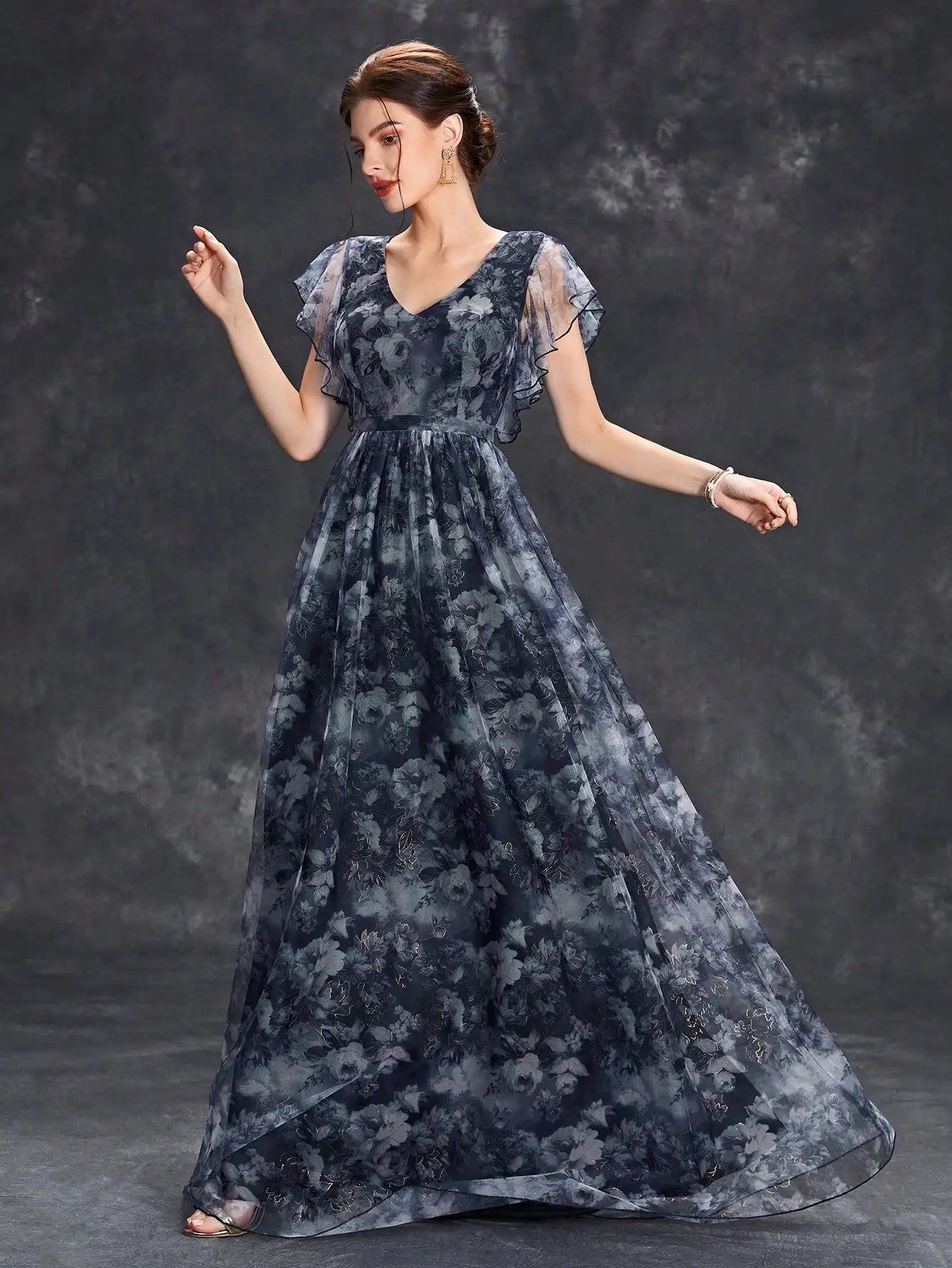V Neck Lace Patchwork Evening Gown With Ruffled Sleeves
