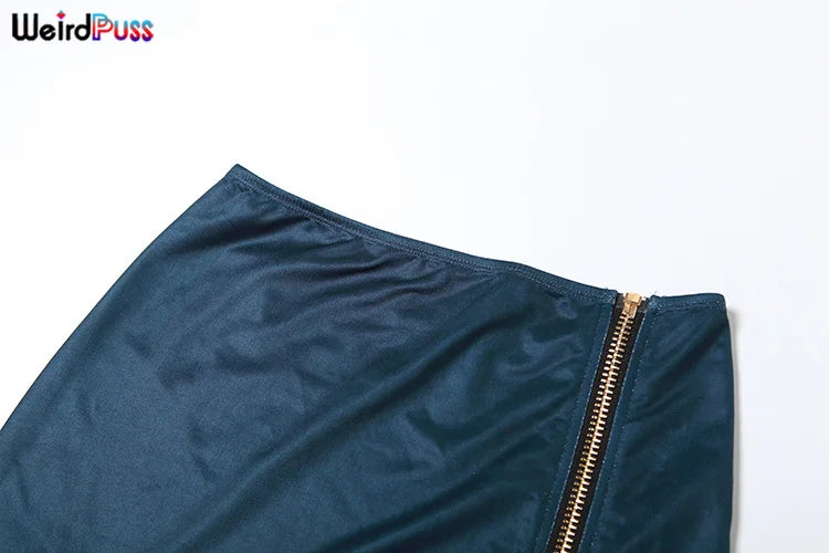 Weird Puss Solid 2 Piece Set Women Low-Neck Zipper Tank Top and Peach Hip Skirt Stretchy Clubwear Matching Outfit