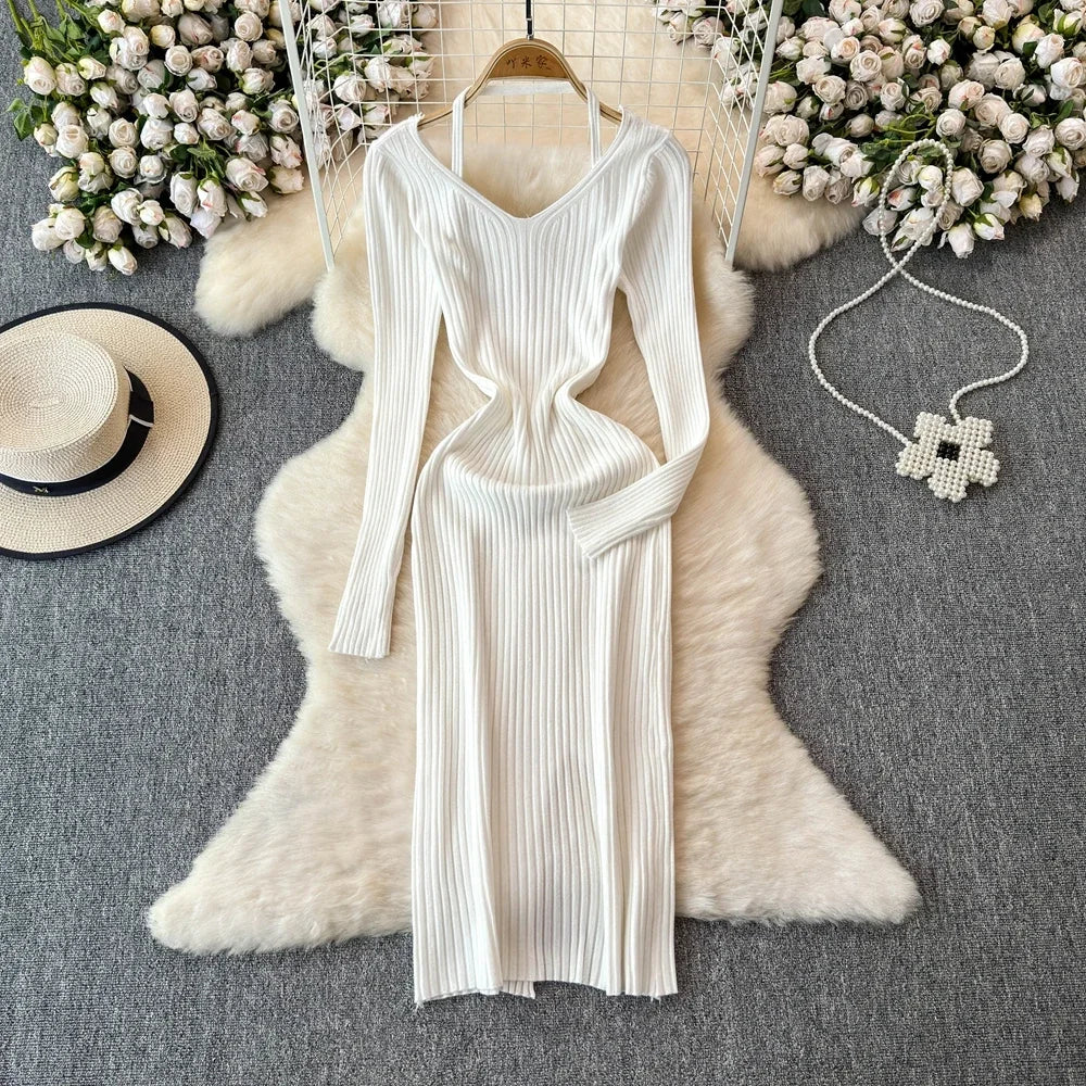 White Long Sleeve V Neck Lace Up Elegant Dress For Women