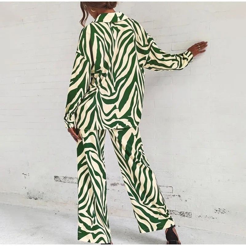 Trendy Print Off Shoulder Shirt and Trouser Set with Long Sleeve Design