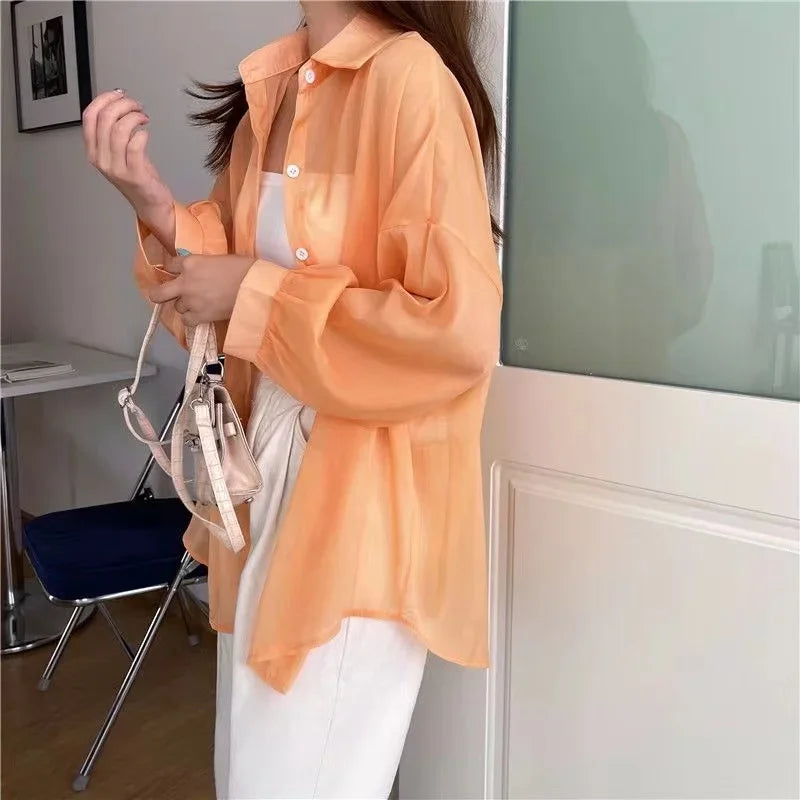Women's Long Sleeve Chiffon Blouse Lightweight Sun-Proof Casual Top Simple Solid Color Basic Sexy Shirt