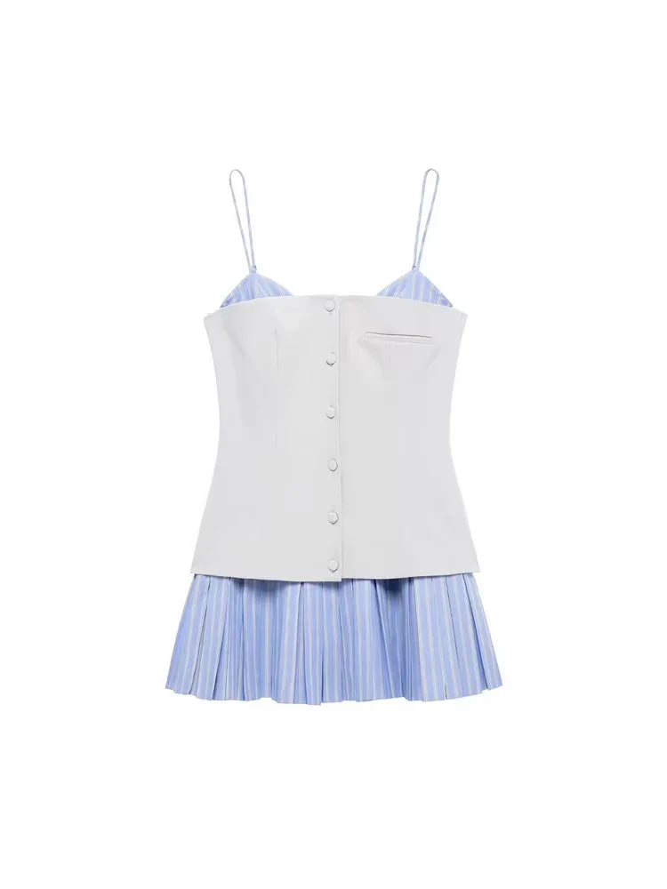 Patchwork Mini Dress With Adjustable Straps Front Buttons