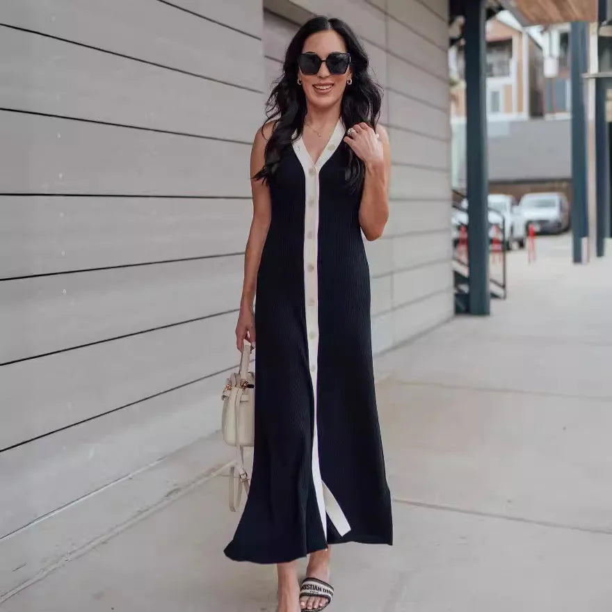 Sleeveless Ribbed Knit Dress V Neck Bodycon Long Dress