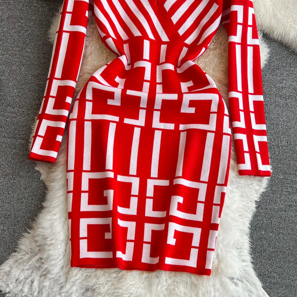 Geometric Knitted Bodycon Dress for Autumn Winter Women