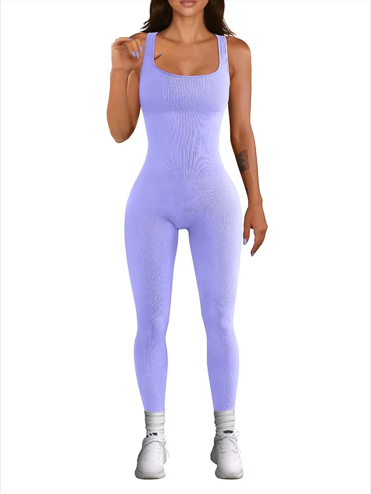 Women's Sleeveless Ribbed Yoga Jumpsuit with Square Neck and High Waist One-Piece Fitness Sports Vest