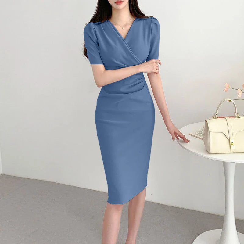Elegant Women Office Dress V Neck Solid Color Short Sleeve