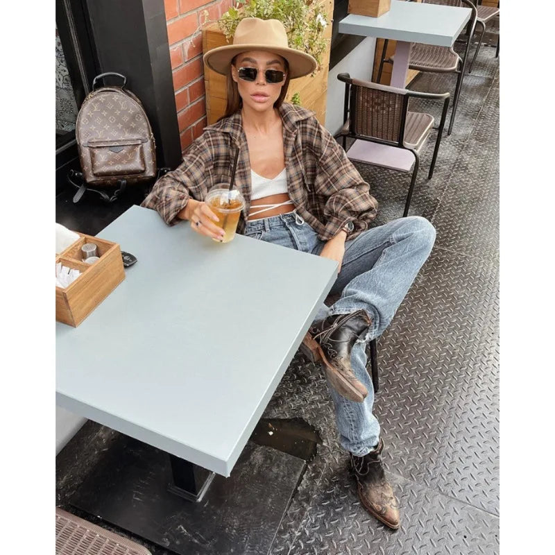 Vintage Plaid Oversized Loose Long Sleeve Blouse Casual Khaki Shirt for Women