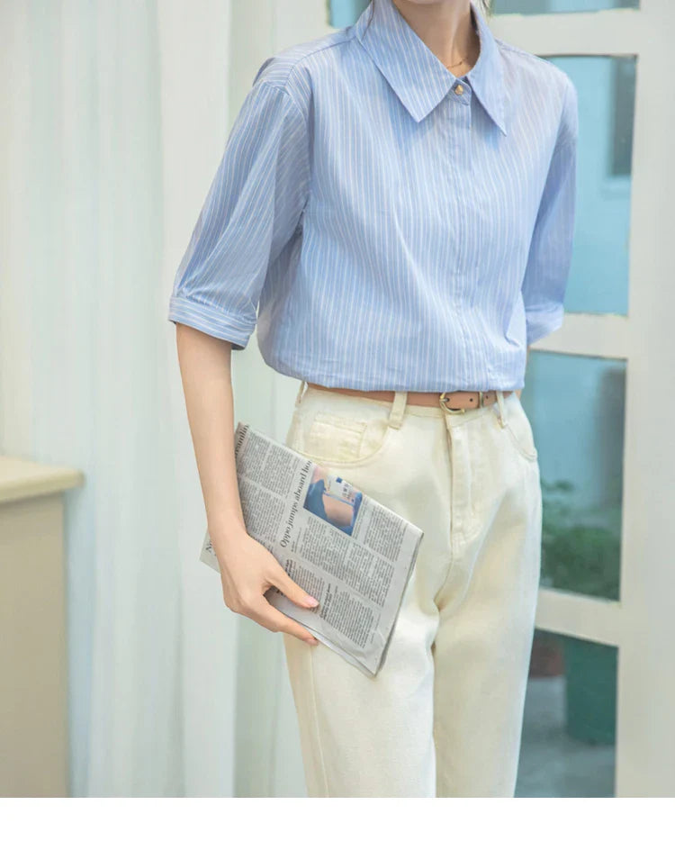 Women Casual Blue Stripe Short Sleeve Polo Collar Shirt Elegant Loose Office Blouse Single Breasted Summer Chic Top