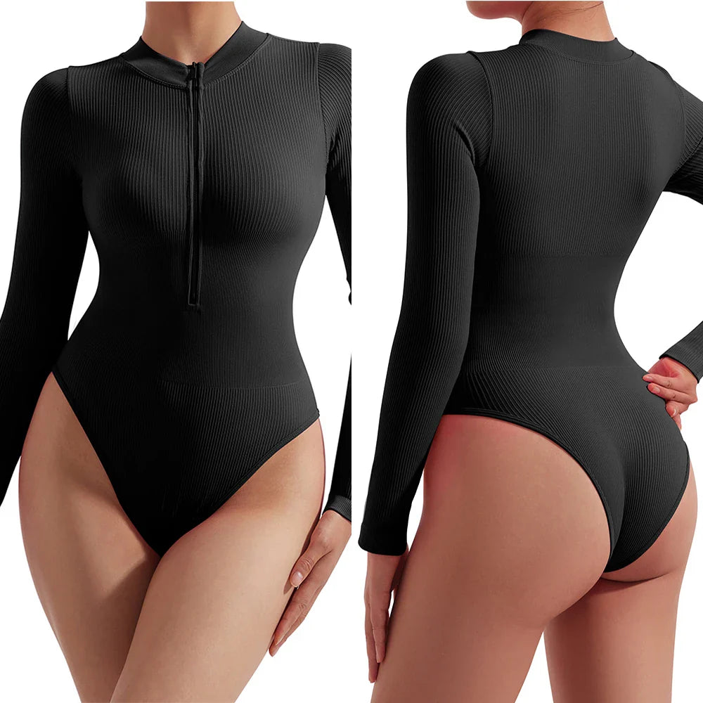 Bodycon Slim Fit Zipper Jumpsuit for Women Casual Brown Fitness Romper Streetwear Playsuit Overall