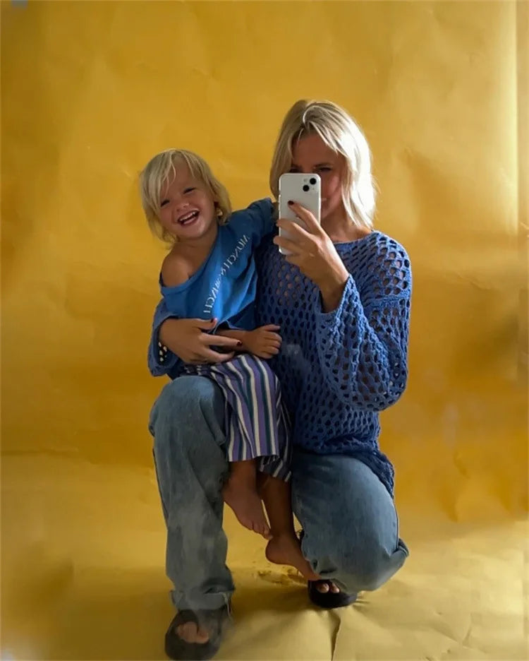 Knit Hollow Out Beach Cover Up Dress See Through For Women