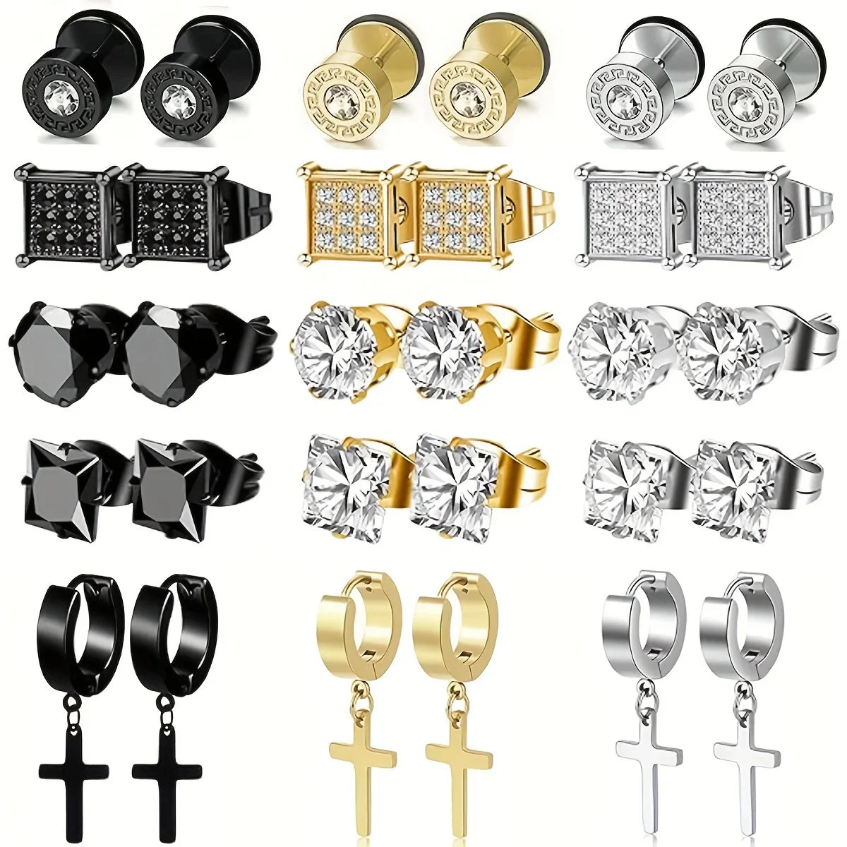 15 Pairs Stainless Steel Cross Dangle Earrings and Cubic Zirconia Stud Earrings for Men