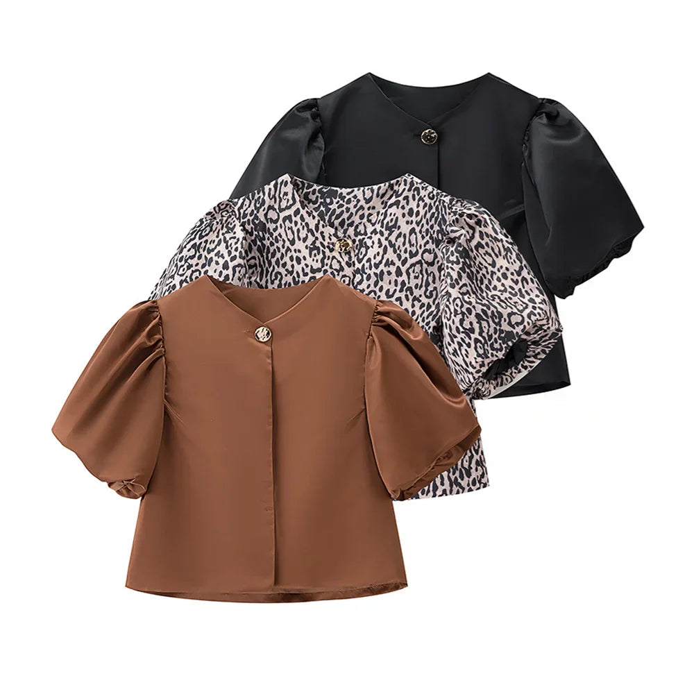 Women's Casual Bubble Sleeve Shirt with Round Neck and Button Detail Lightweight Summer Top