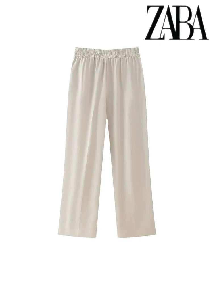 Women's Office Suit Set with Double Breasted Lapel Top and Wide Leg Pants in Solid Color