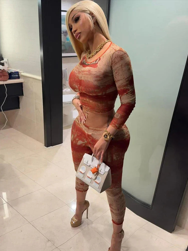 See Through Women 2 Piece Set Sexy Print Crop Top and Leggings Matching Summer Outfit