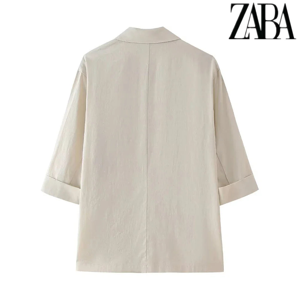 Women's Office Suit Set with Double Breasted Lapel Top and Wide Leg Pants in Solid Color