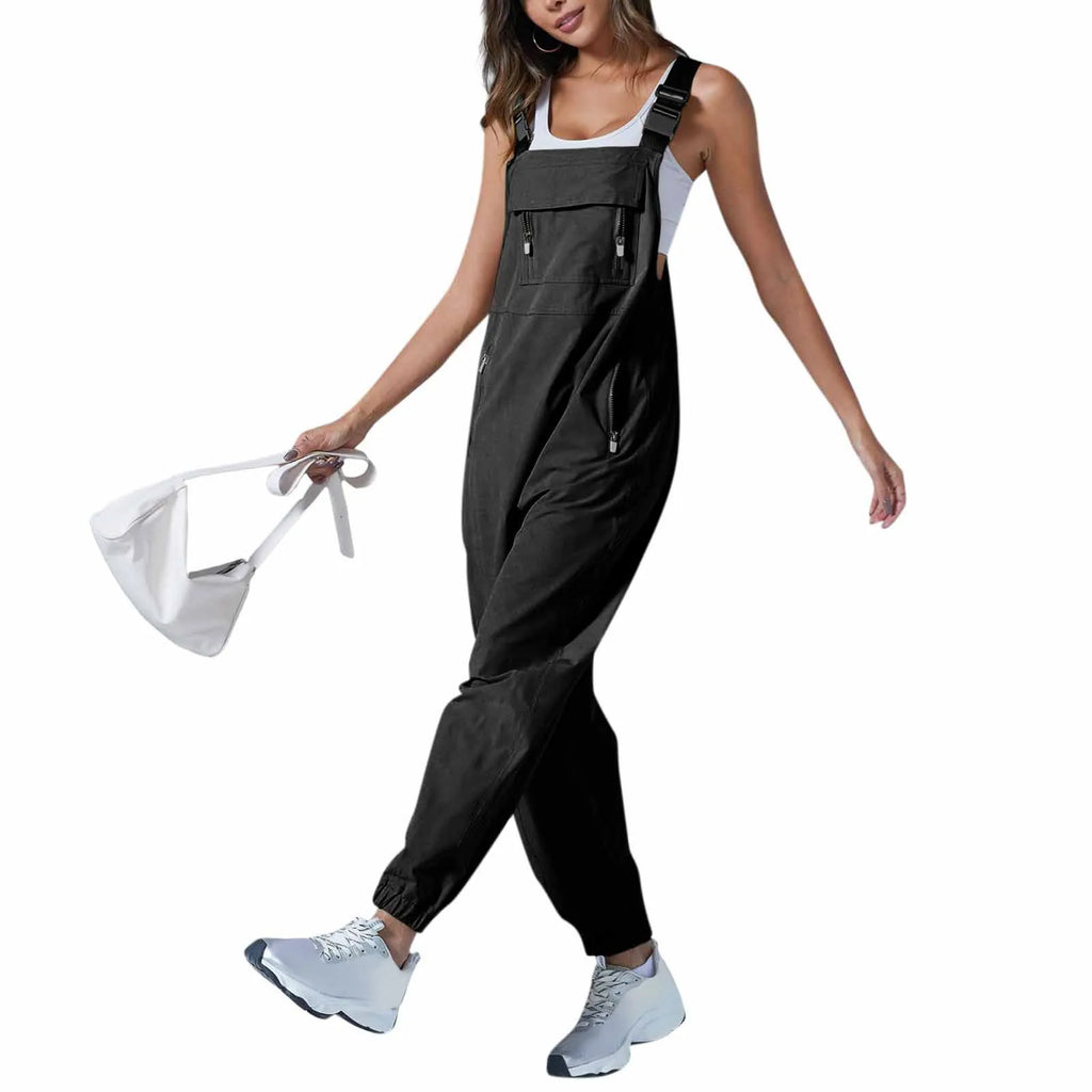 Women's Summer Casual Loose Wide Leg Jumpsuit with Adjustable Straps Pockets and Retro Button Detail Solid Color Sleeveless Overalls