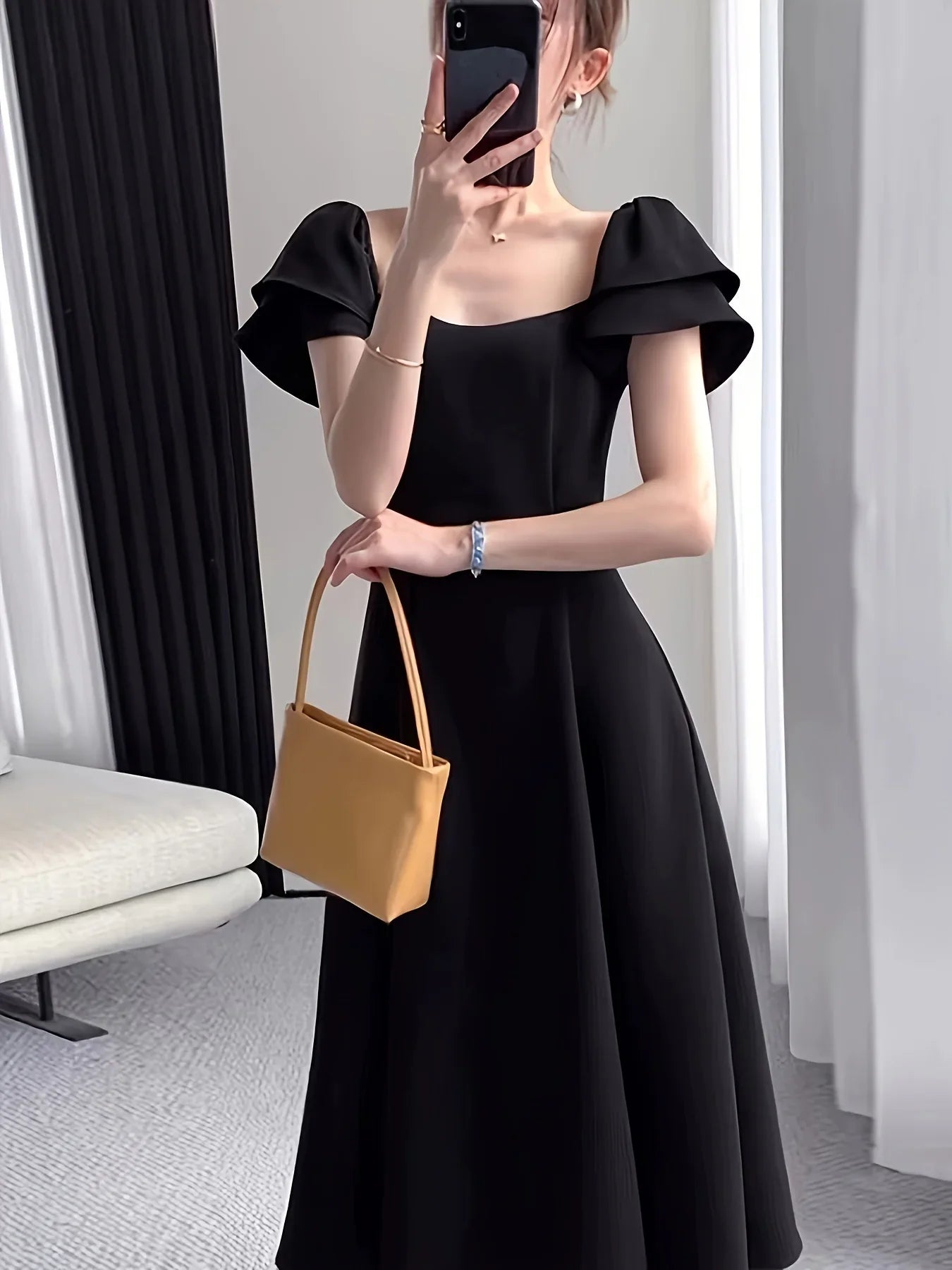 Square Neck Dress With Flutter Sleeves For Spring And Summer