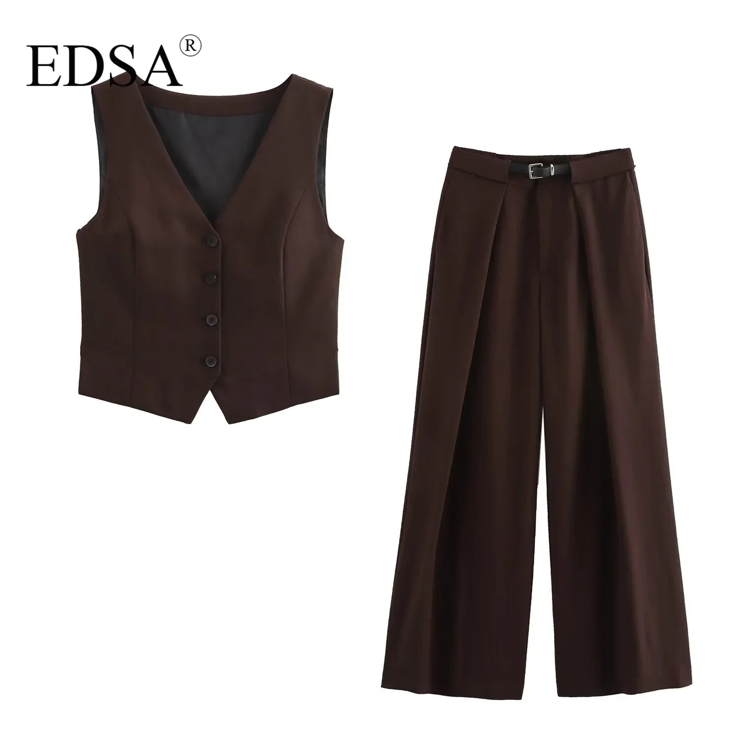 Women's 2 Piece Sleeveless V Neck Waistcoat Vest and High Waist Wide Leg Trousers Set