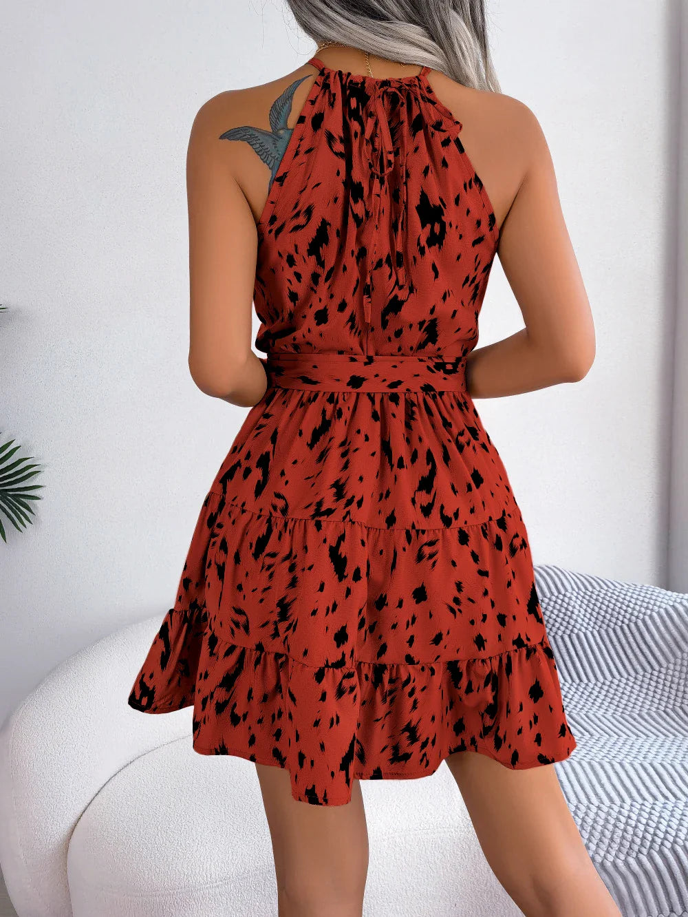 Leopard Print Sleeveless Halter Dress With Ruffle Hem