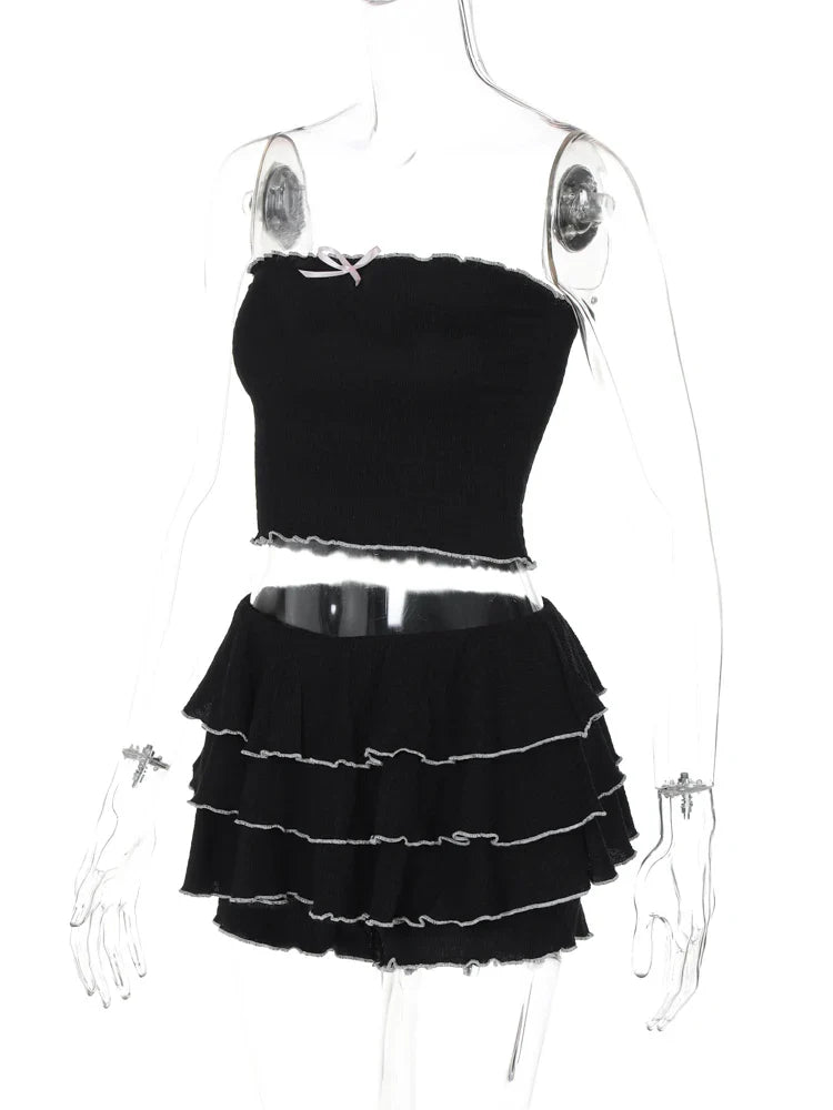 Sexy Matching Tube Top and Ruffled Skirt Set Women Summer Party Club Date Outfit Streetwear Y2K Style