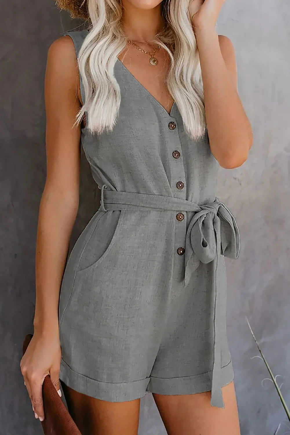 Women's Casual V Neck Monochromatic Jumpsuit with Five Point Shorts Lightweight Summer Outfit