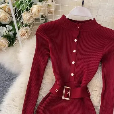 Womens Winter Knitted Dress Stand Collar With Sash Belt