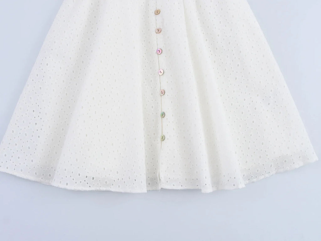 Womens Hollow Embroidery V Neck Lantern Sleeve Mini Dress