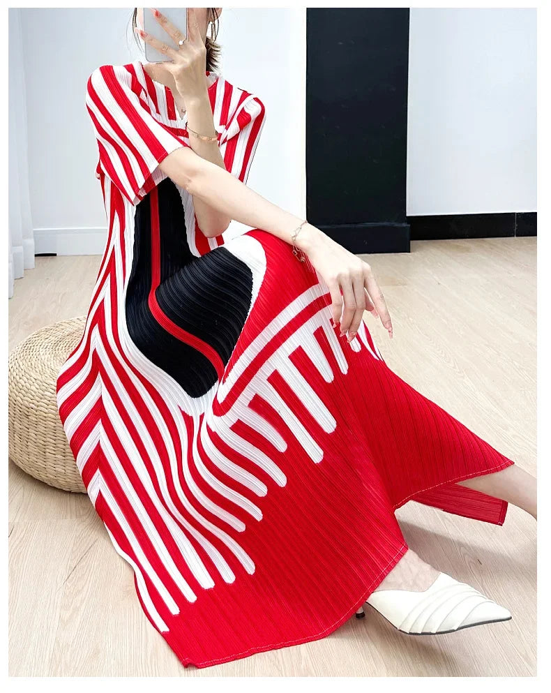 Pleated Striped Dress For Women O Neck Short Sleeve