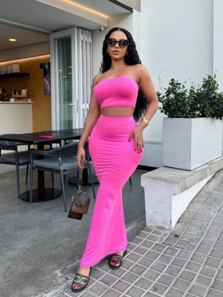 Solid Color Sleeveless Tube Top with High Waist Slim Long Skirt Set for Women Summer Chic Fashion
