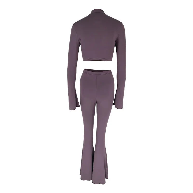 Autumn Winter Women's Casual Two Piece Set with High Collar Long Sleeve Top and Slim Fit Trousers