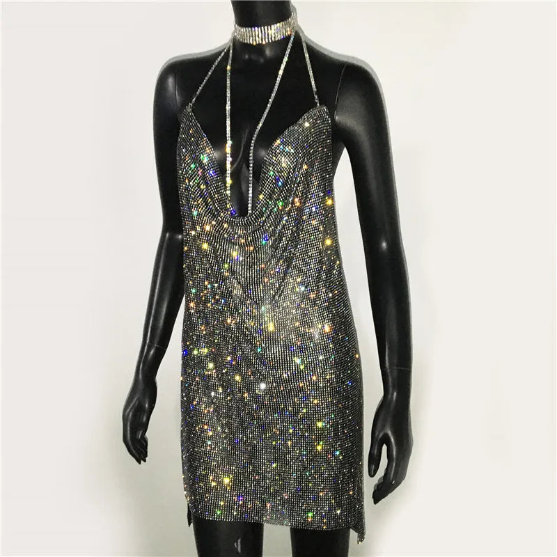 Sequin Rhinestone Backless Mini Dress For Nightclub Party