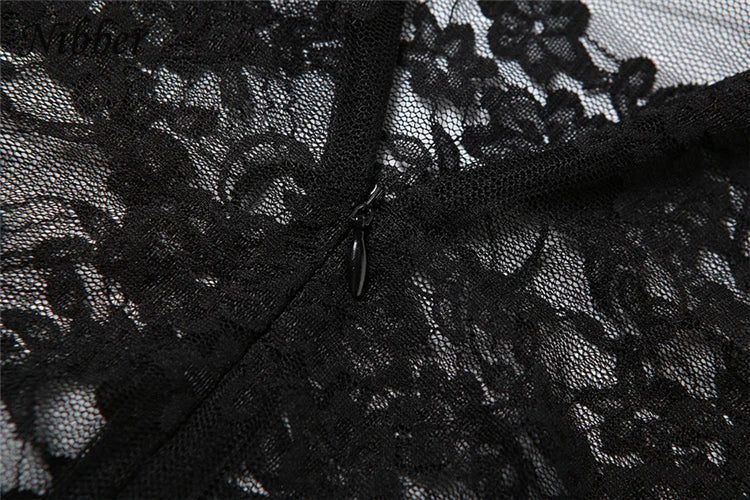 Nibber Lace Mesh Sexy Sheath Jumpsuit for Women Long Sleeve See-Through Skinny One Piece Overalls Midnight Coquette Design