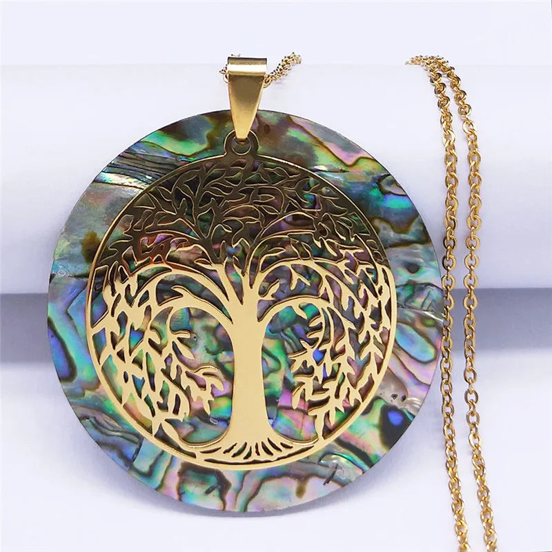 Tree of Life Abalone Shell Necklace Gold Color Stainless Steel Boho Jewelry for Weddings and Special Occasions