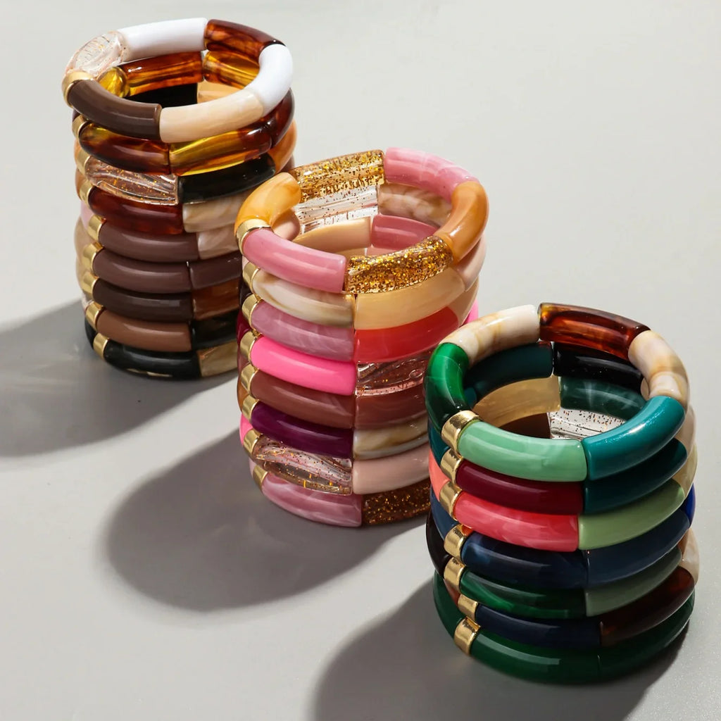 Boho Chunky Bamboo Stackable Bracelet for Women with Colorful Tube Beads and Elastic Design
